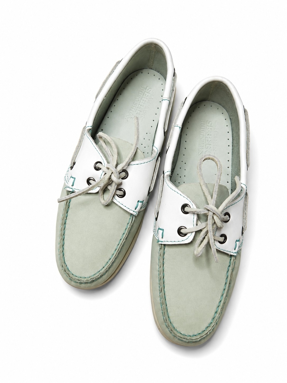 Sebago Size 8.5 Two-Tone Mint Green and White Leather Boat Shoes